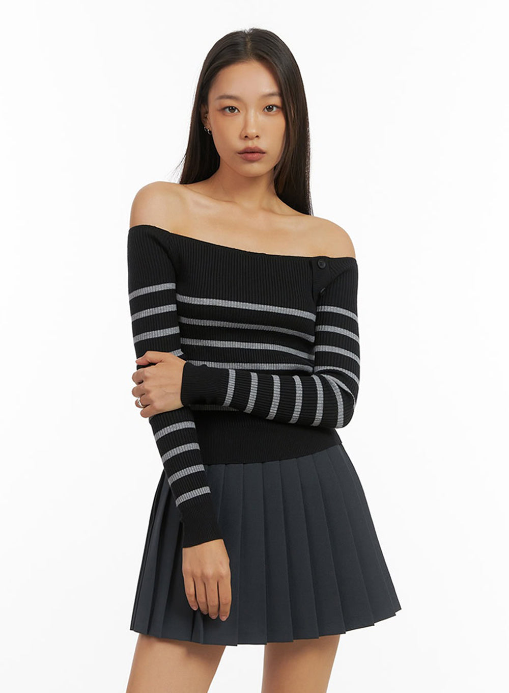 Stripe Buttoned Off-Shoulder Top IO409