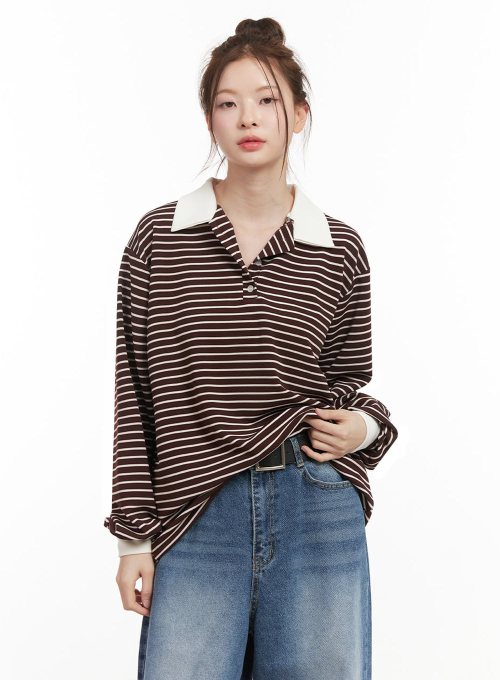 Oversized Stripe Collared Long Sleeve Top IJ527