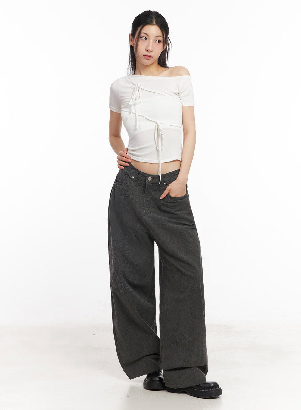 Ribbon Tie One-Shoulder Crop Top IY529