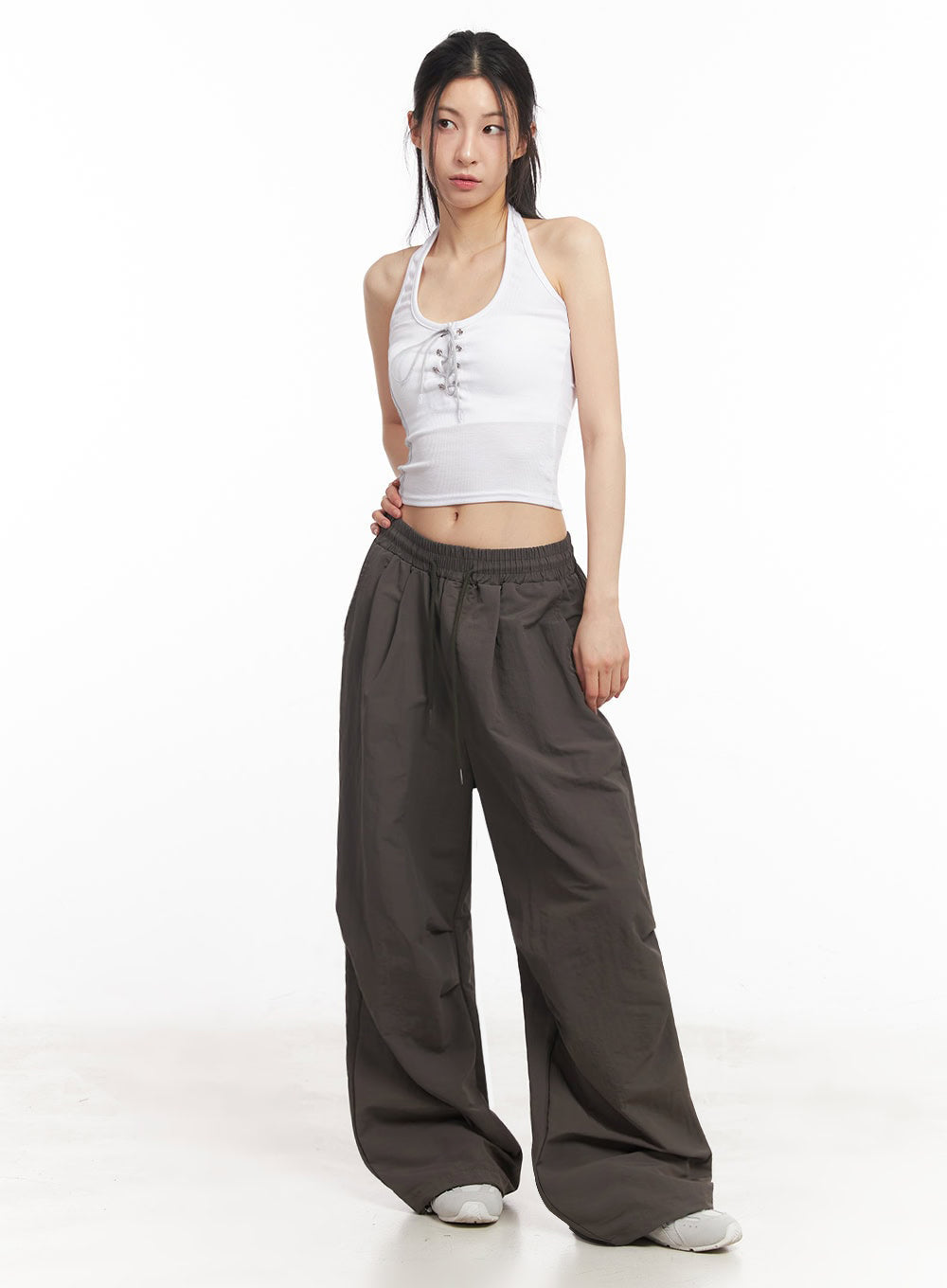 Halter Lace-Up Eyelet Crop Tank Top IY529