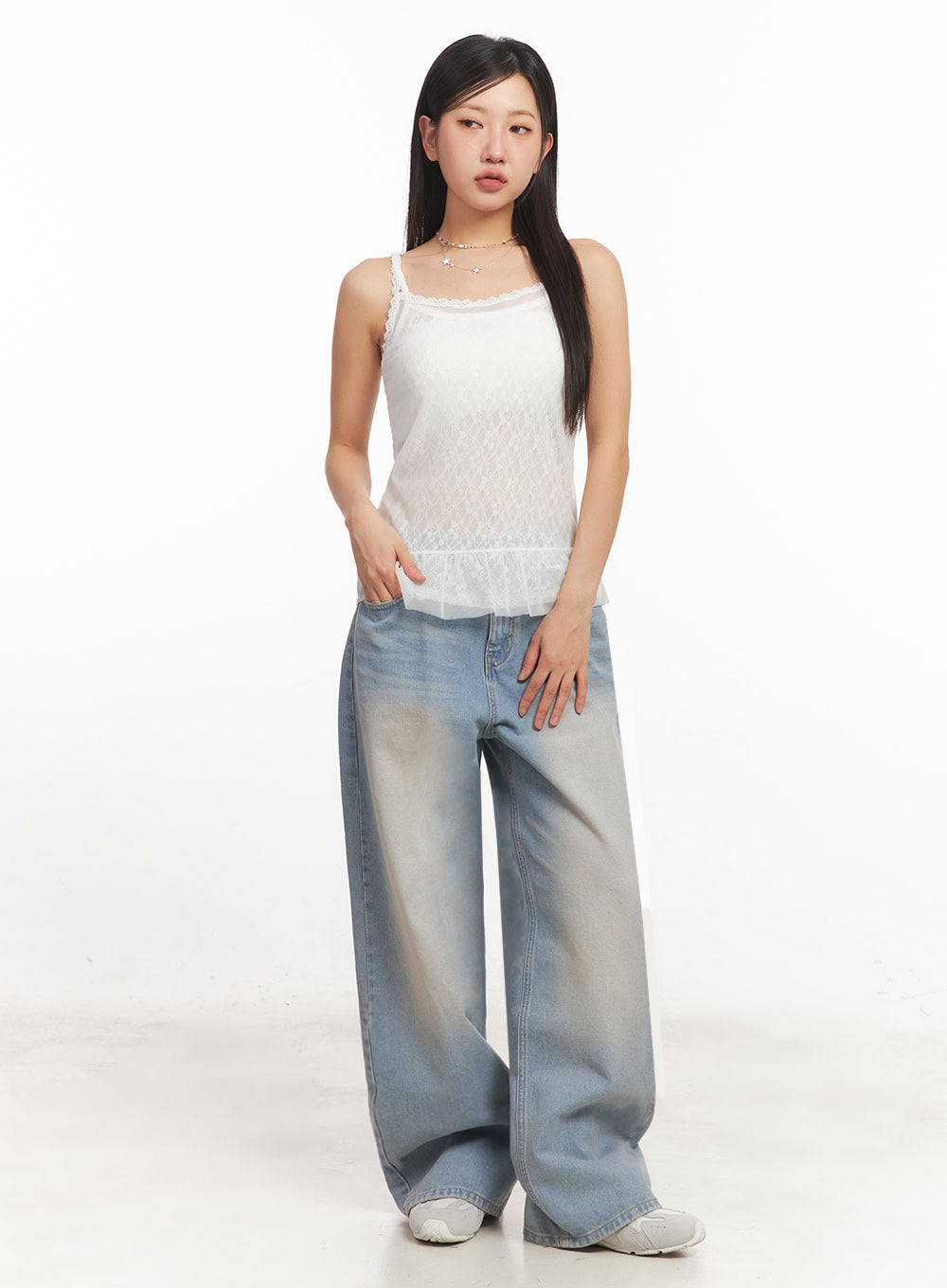 Sheer Frill-Trim Lace Cami Top IA524