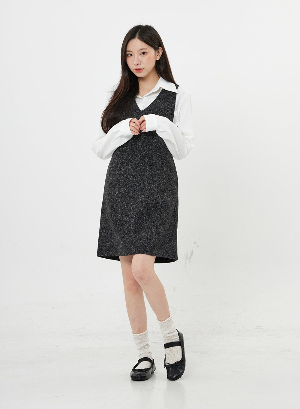 Mixed Color V-Neck Wool Dress BO21