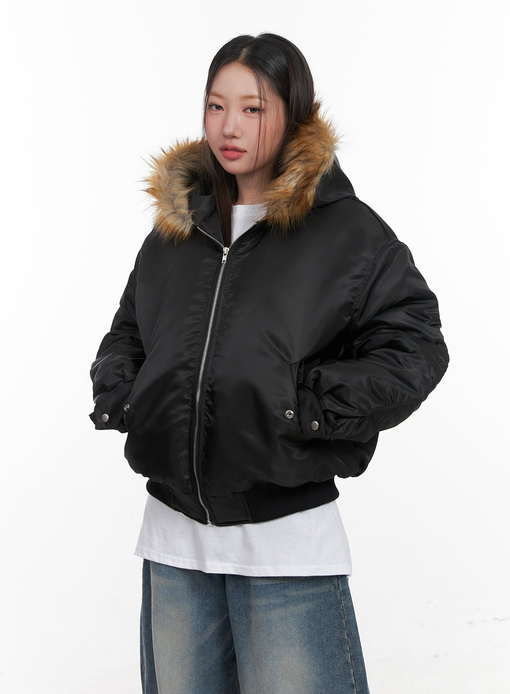 Fur Detail Hooded Bomber Jacket CD411