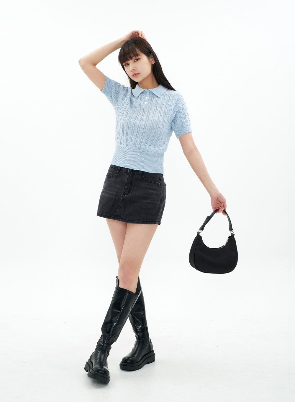 Cable Knit Collared Short-sleeve Sweater CA01