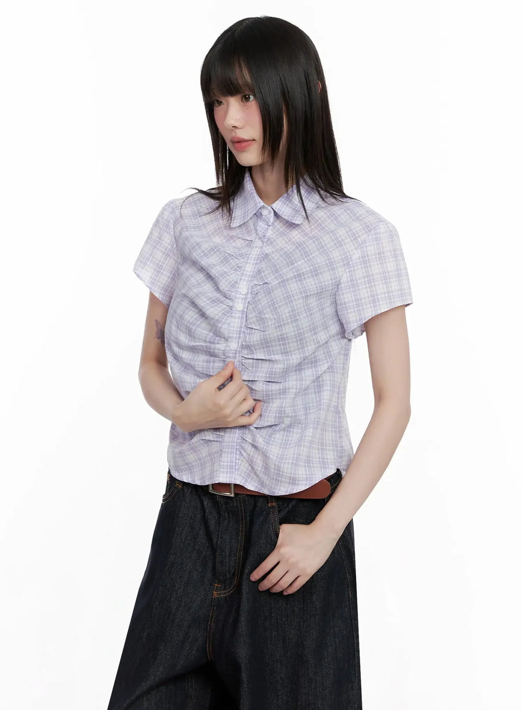 Shirred Plaid Button-up Blouse IL531