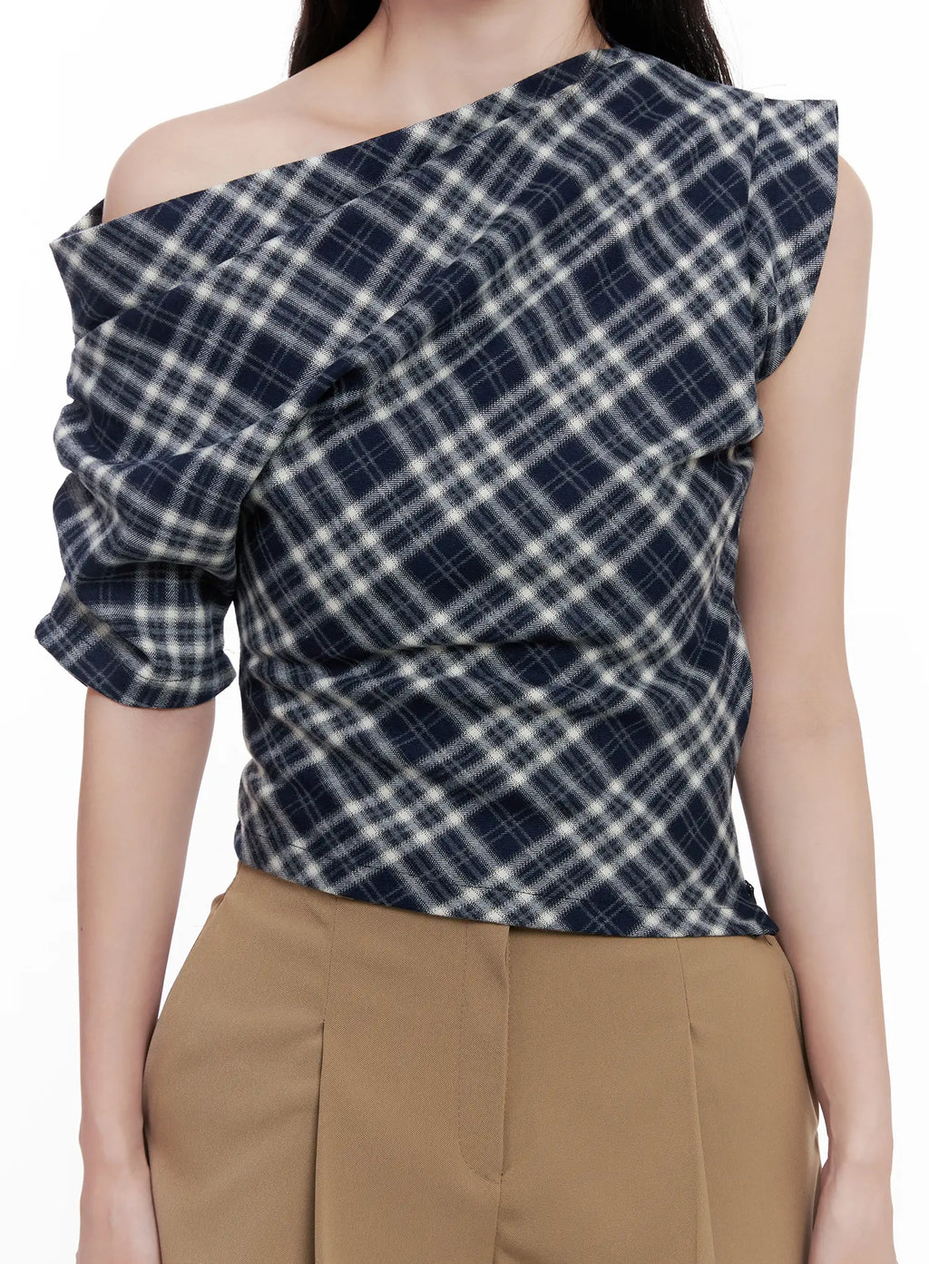 Plaid Asymmetric Ruched Off-Shoulder Top CL516