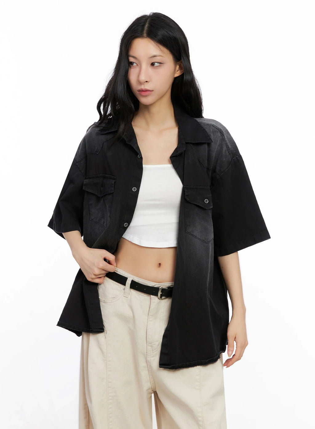 Washed Short-Sleeve Button-Up Shirt IG508