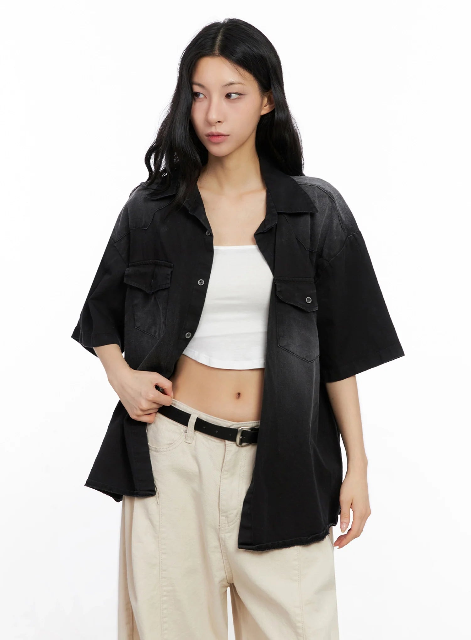 Washed Short-Sleeve Button-Up Shirt IG508