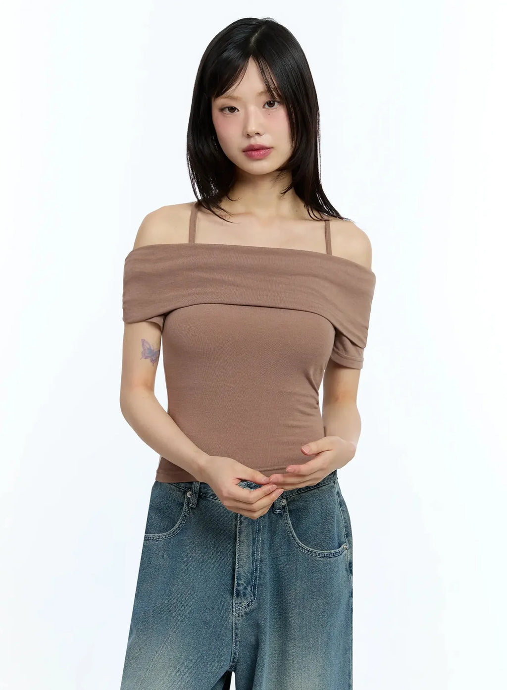 Shirred Off-Shoulder Short-Sleeve Tee IU525