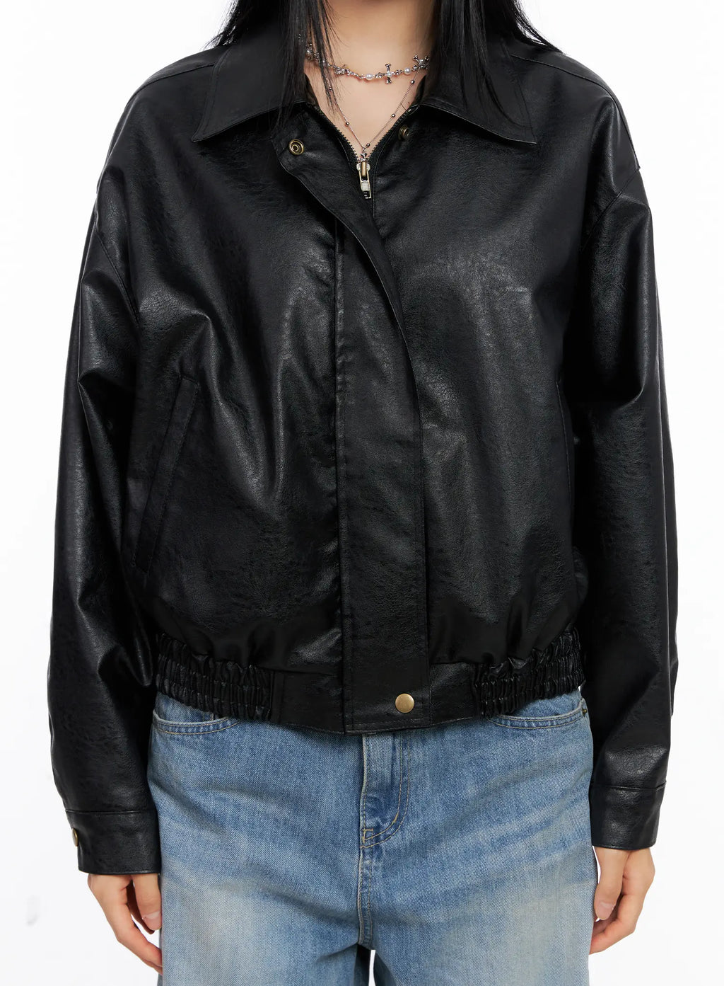 Relaxed Fit Faux Leather Bomber Jacket CS511