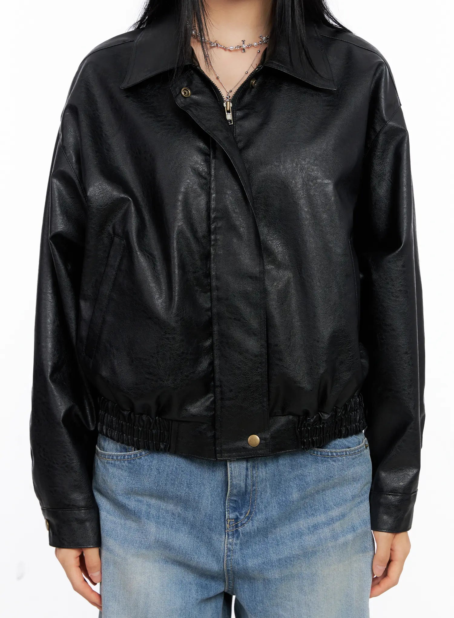 Relaxed Fit Faux Leather Bomber Jacket CS511