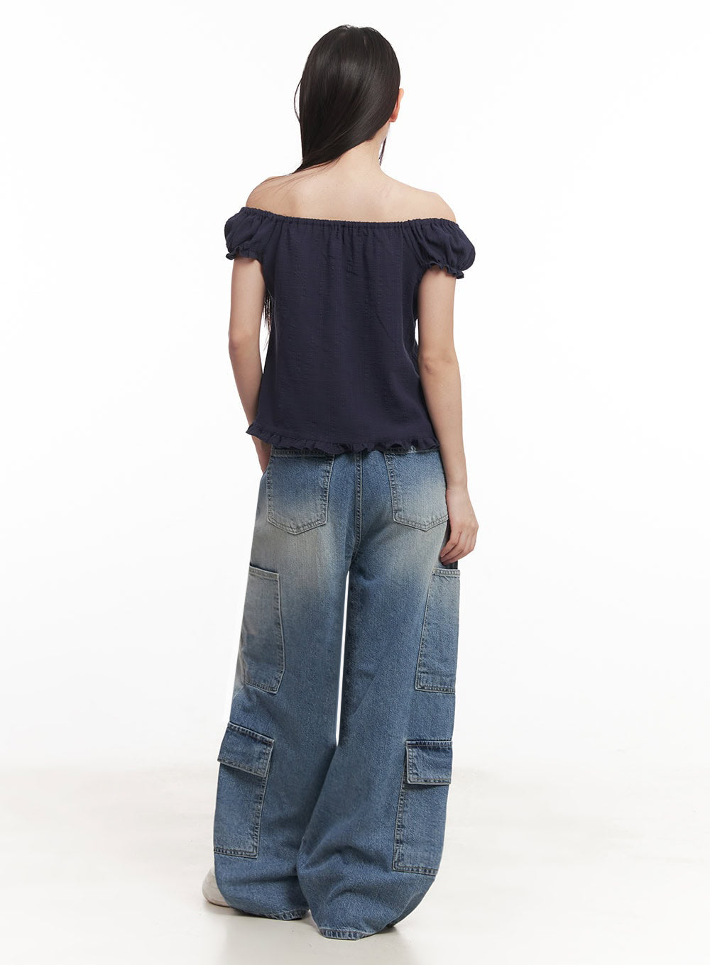 Heather Cargo Washed Wide-Leg Jeans IM528
