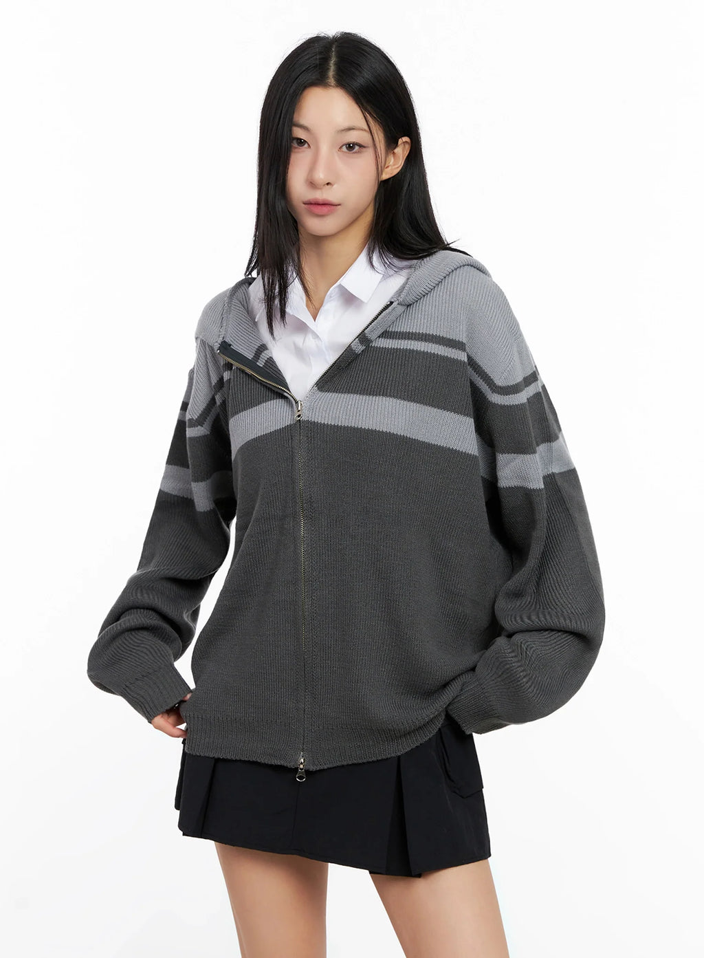 Striped Oversized Zip-Up Knit Hoodie IG508