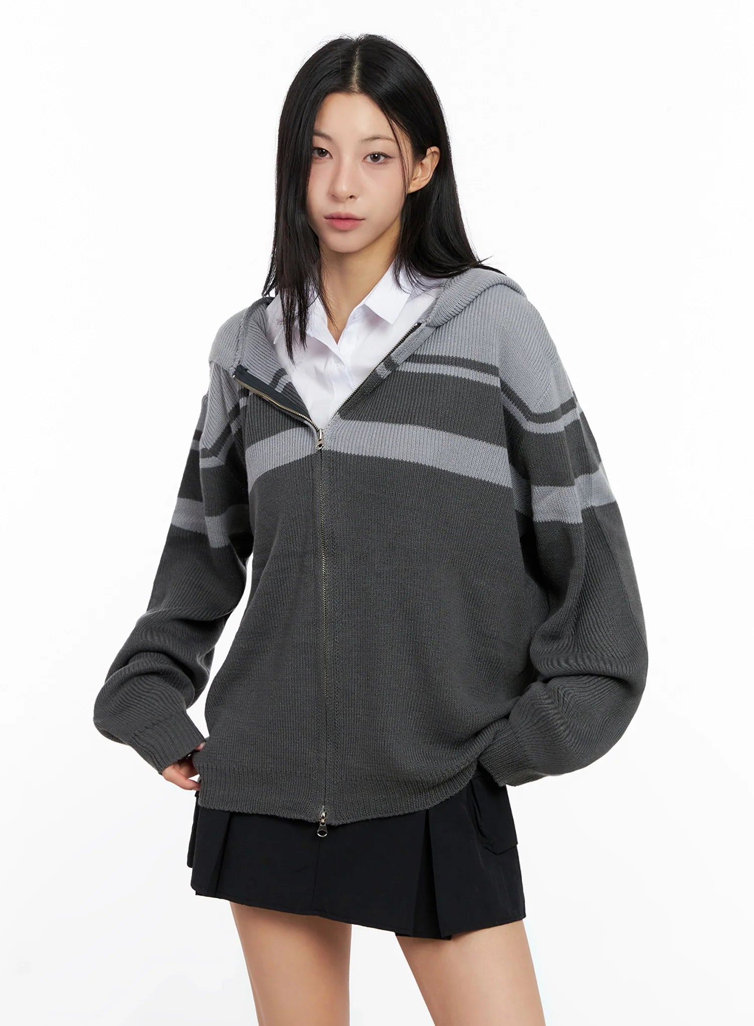 Striped Oversized Zip-Up Knit Hoodie IG508