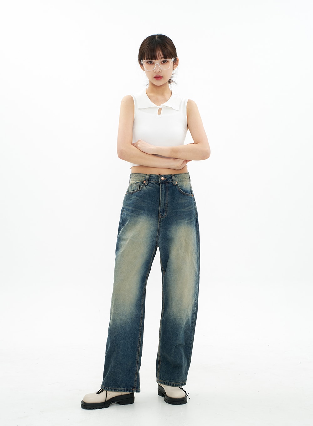 Bleached Wide Leg Denim Pants CA07