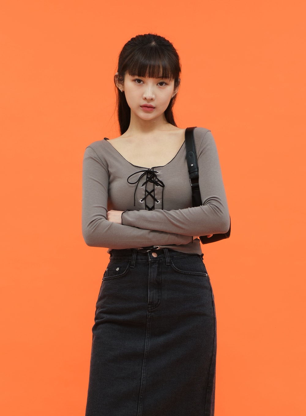 Cropped Long Sleeve Top with Front Lace Detail C1703