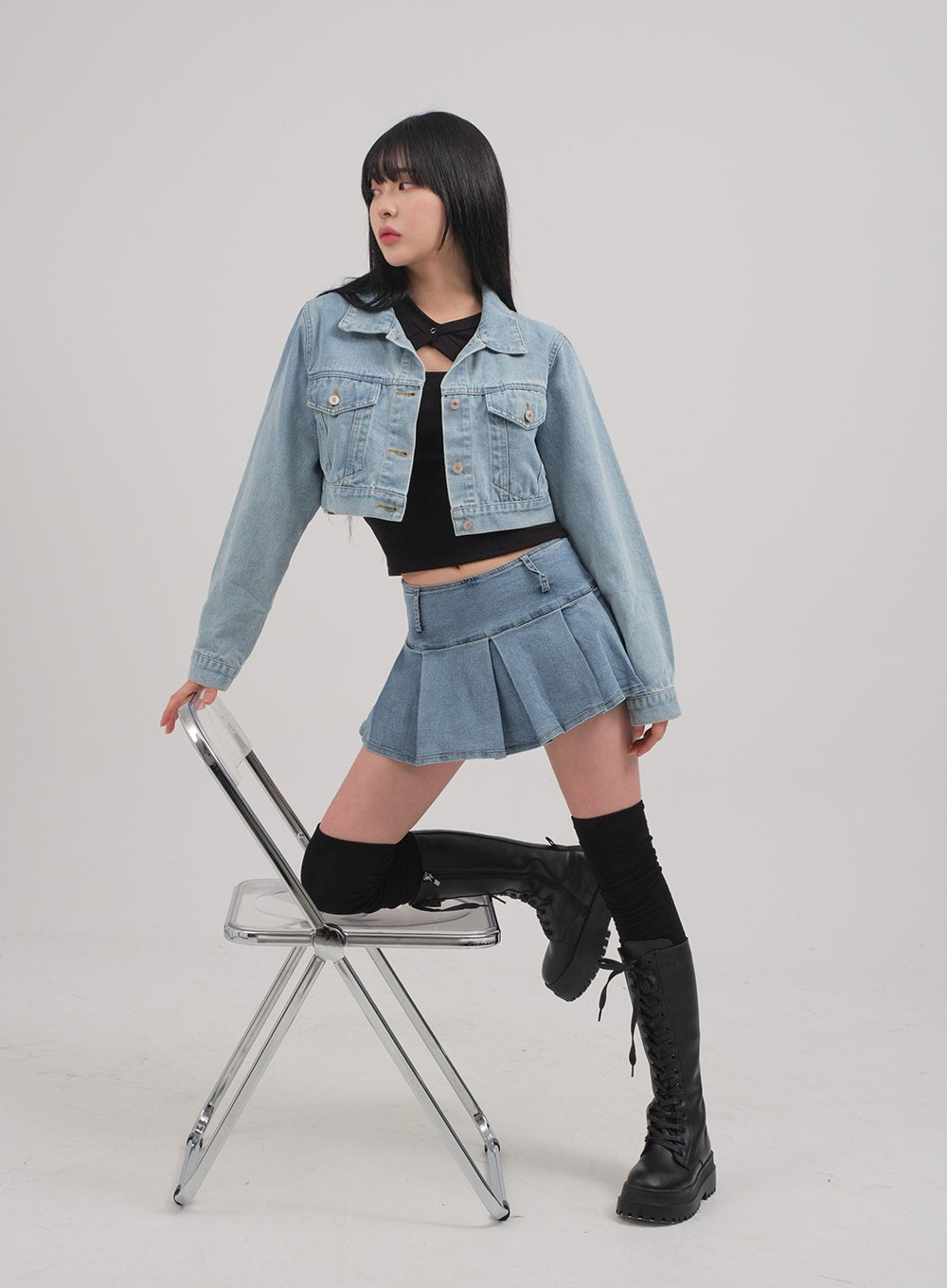 Low Rise Pleated Denim Mini Skirt C0302