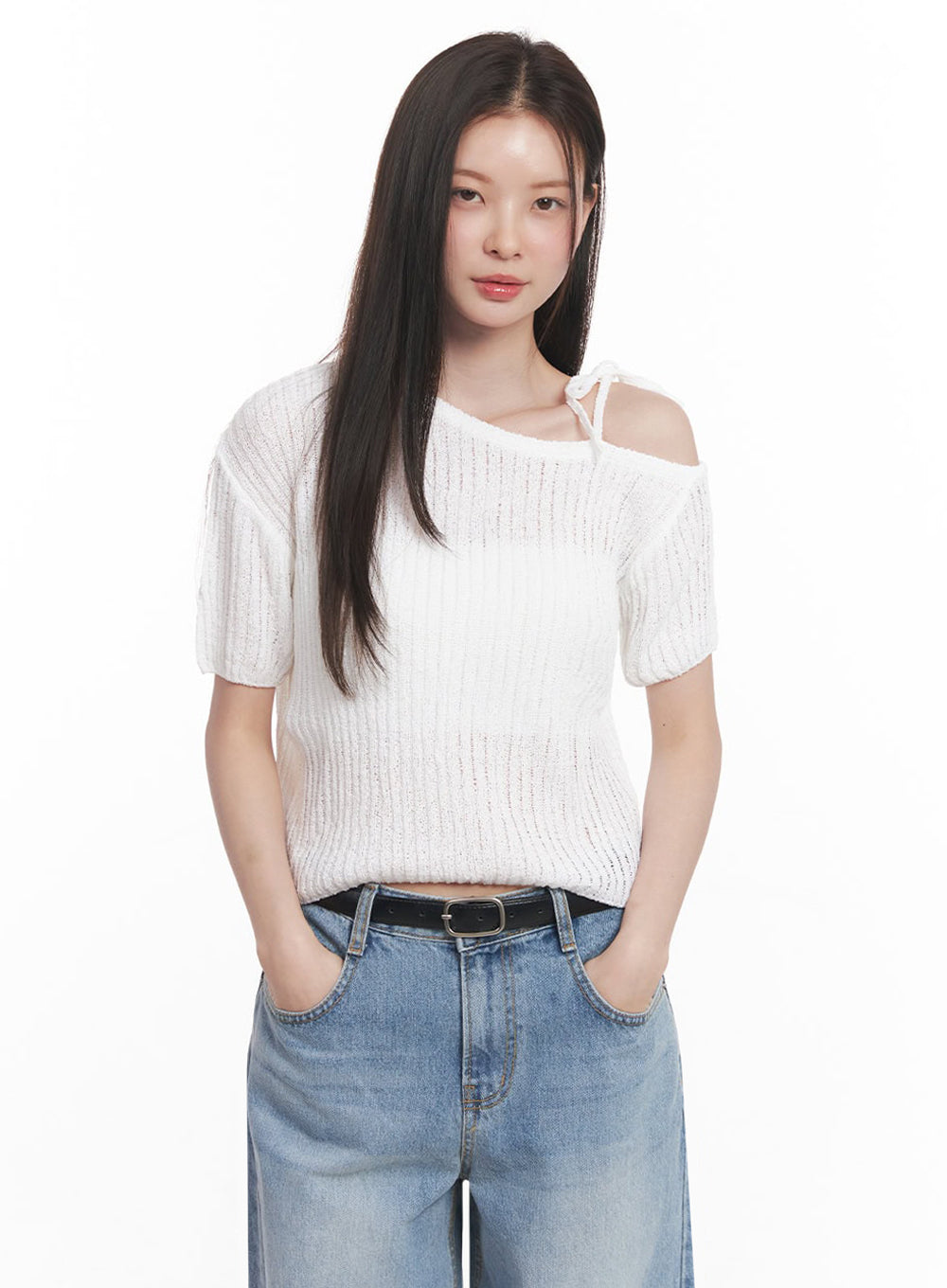 Ribbon One-Shoulder Knit Crop Top IY509