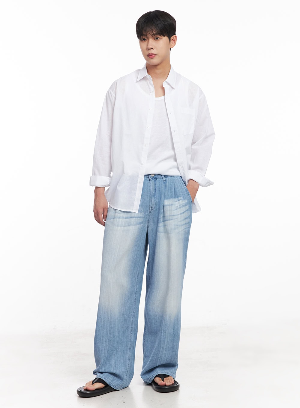 Men's Pintuck Linen Comfort Jeans (Light blue) IY522