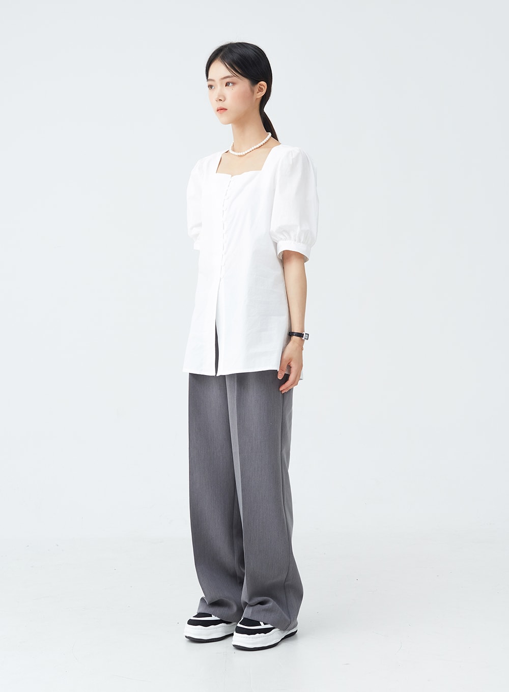 Square Neck Button-Down Slit Blouse OU19