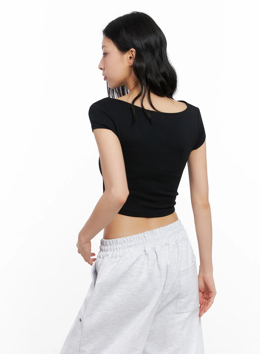 Asymmetric Shirred Off-Shoulder Crop Tee IG508