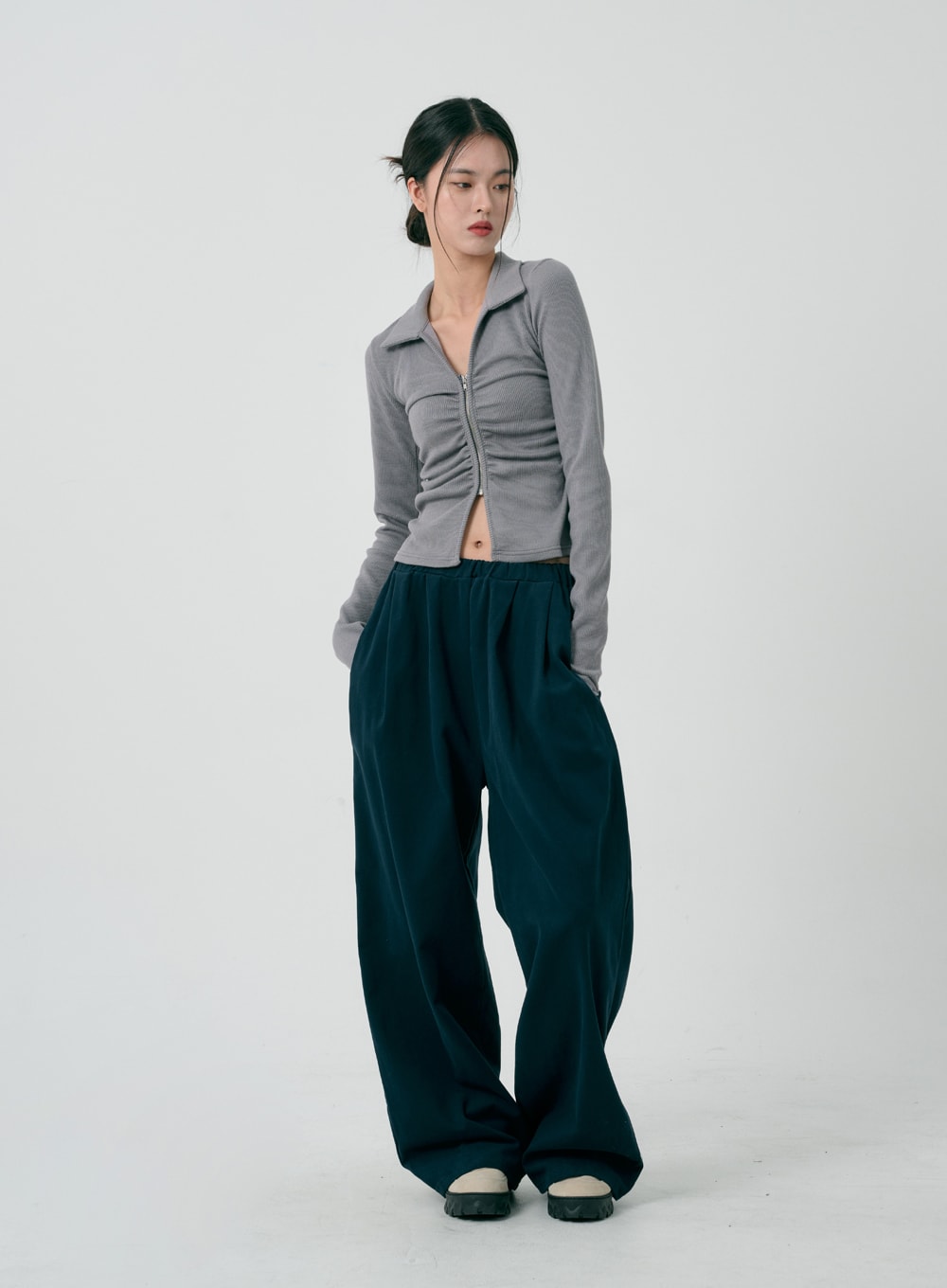 Ruffle Zipper Long Sleeve Top ID08