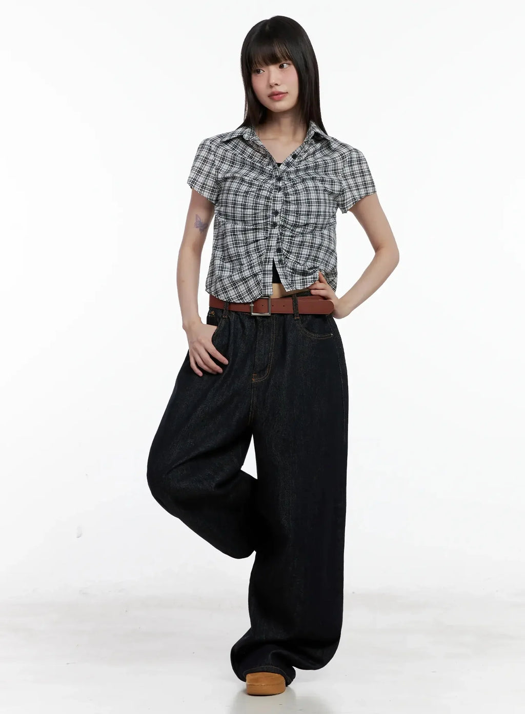 Shirred Plaid Button-up Blouse IL531