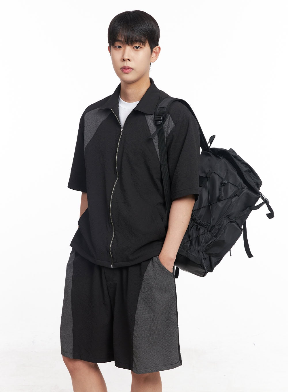 Men's Zip-Up Collared Half-Sleeve Shirt IY520