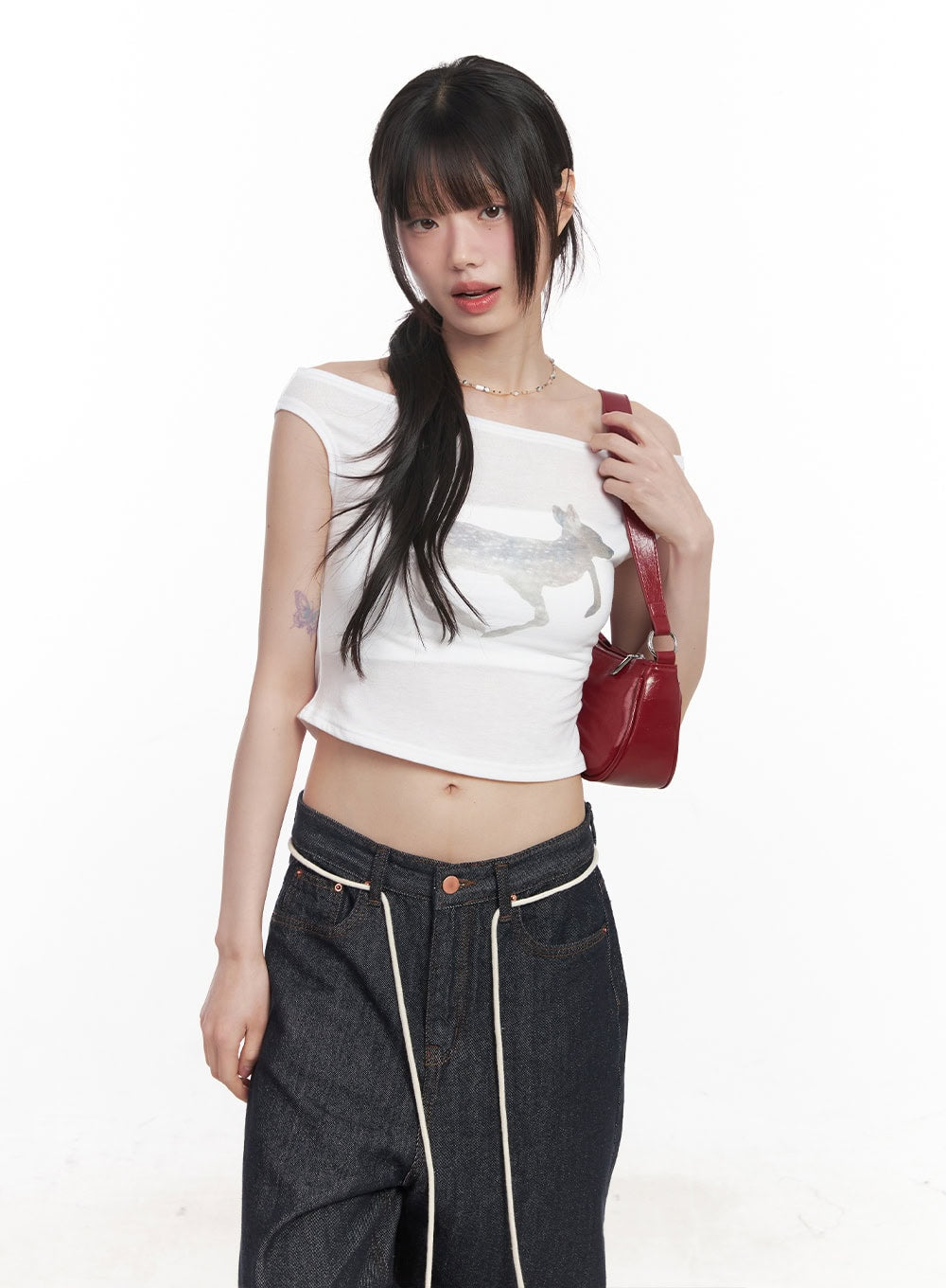 Cute Animal-Print  Graphic Off-Shoulder Crop Top CY521