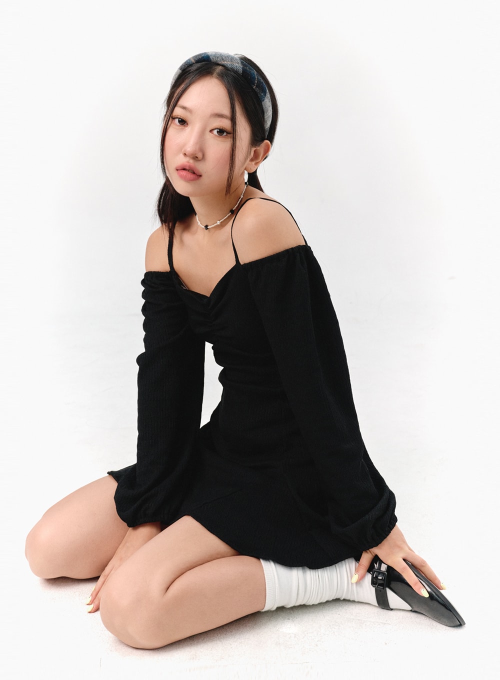 Off-Shoulder Shirred Mini Dress IS301