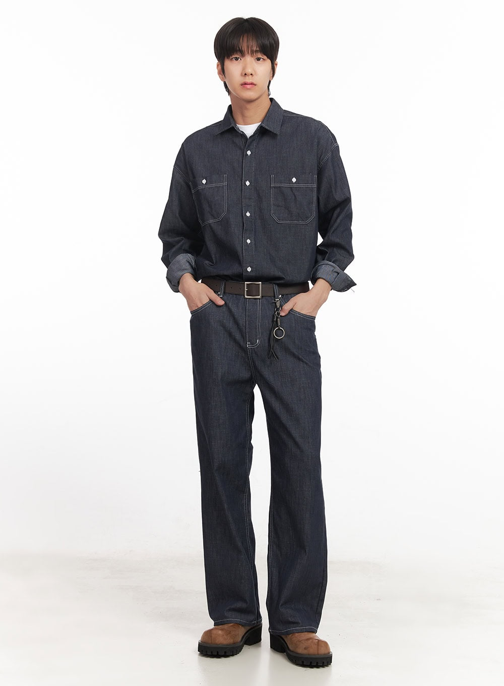 Men's Stitched Button-Up Denim Shirt IA510