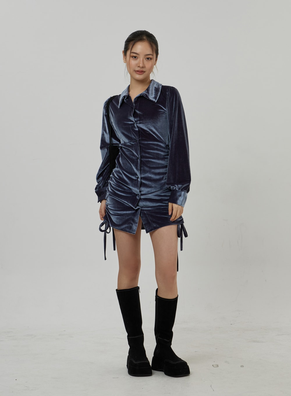 Side Tie Ruching Velvet Long Sleeve Mini Dress CD23