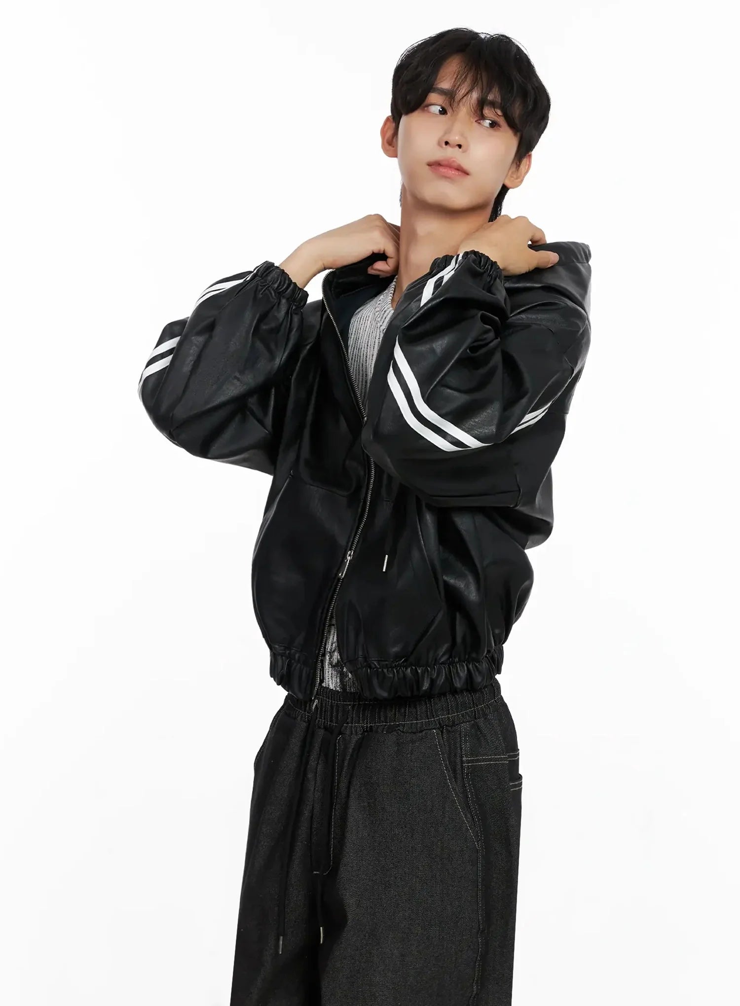 Men's Faux Leather Track Hooded Jacket IO517