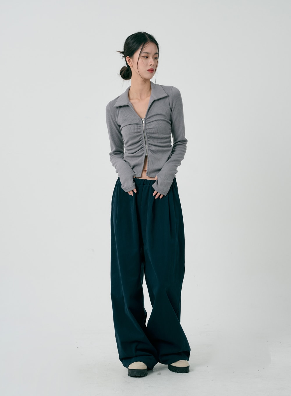 Ruffle Zipper Long Sleeve Top ID08