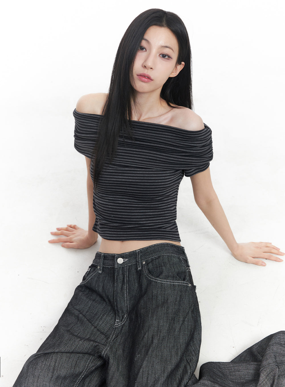 Off-Shoulder Striped Tee IY516