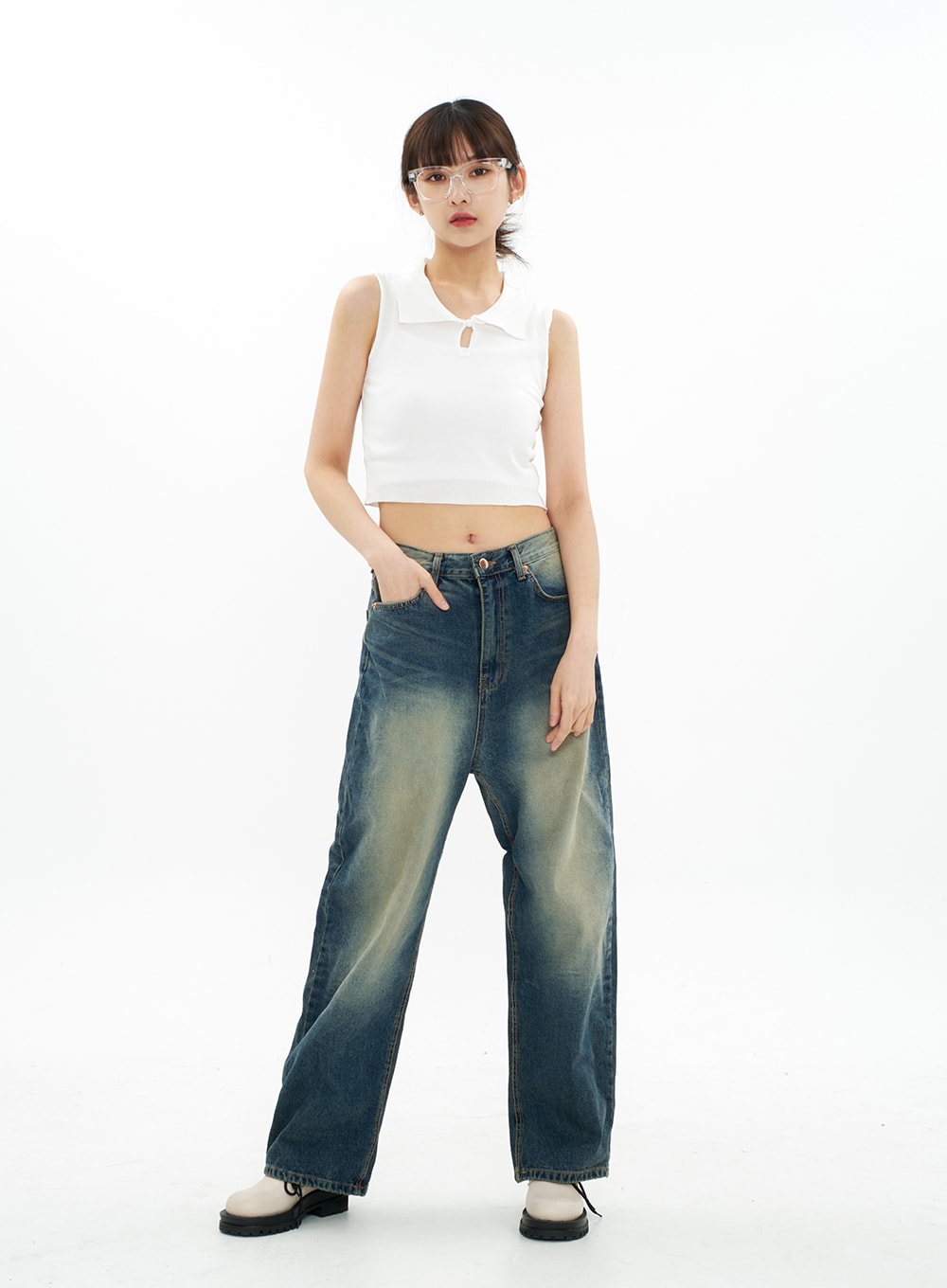 Bleached Wide Leg Denim Pants CA07
