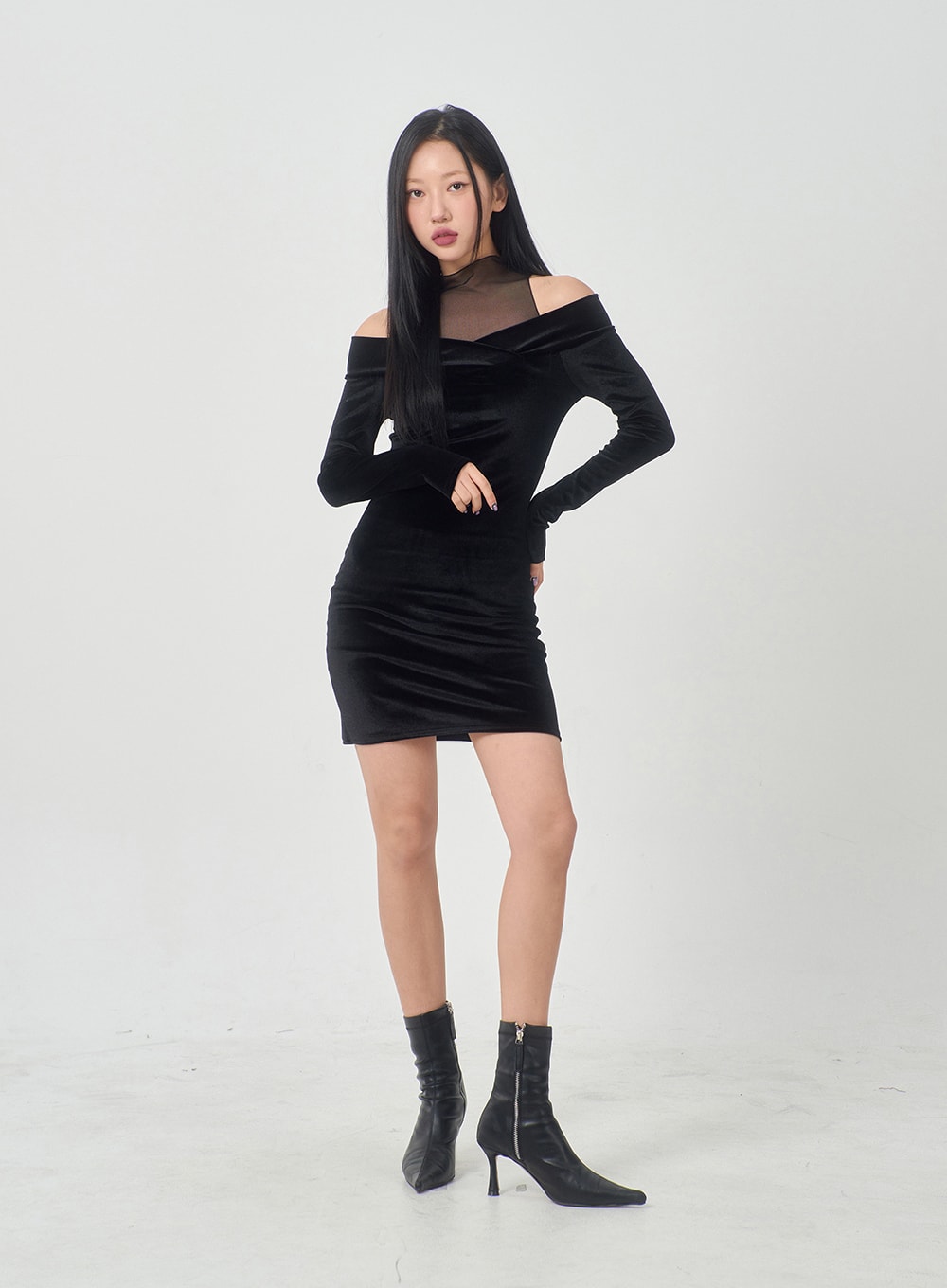 Velvet Off-Shoulder Mesh Neck Mini Dress BD23