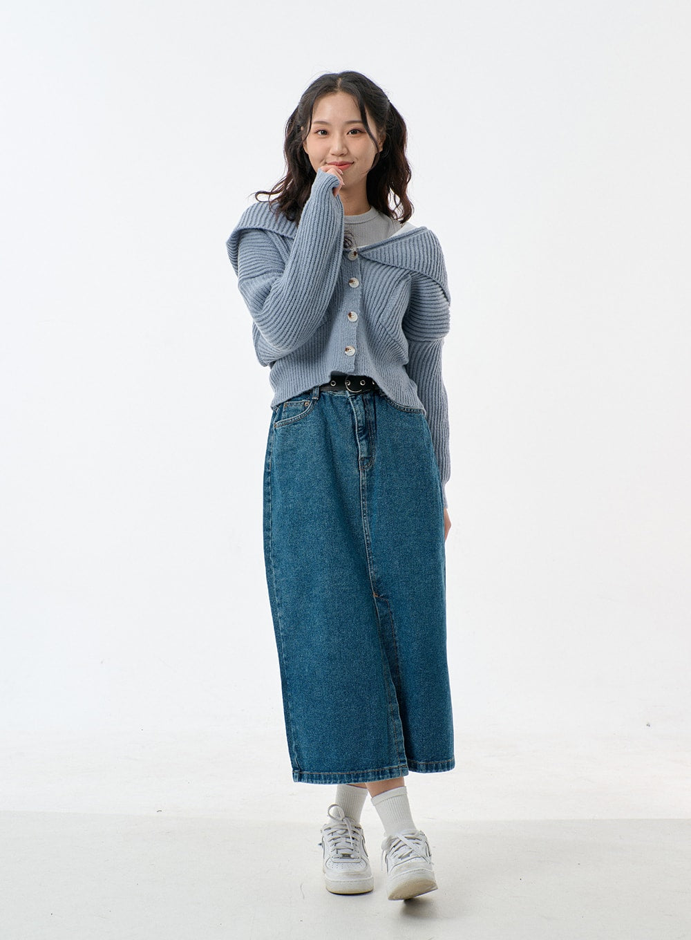 Mid-Wash Front Slit Denim Maxi Skirt BJ327