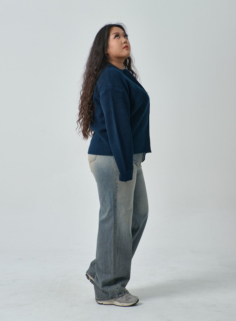 Plus Waffle Pattern Collared Two Way Zip-Up Knit