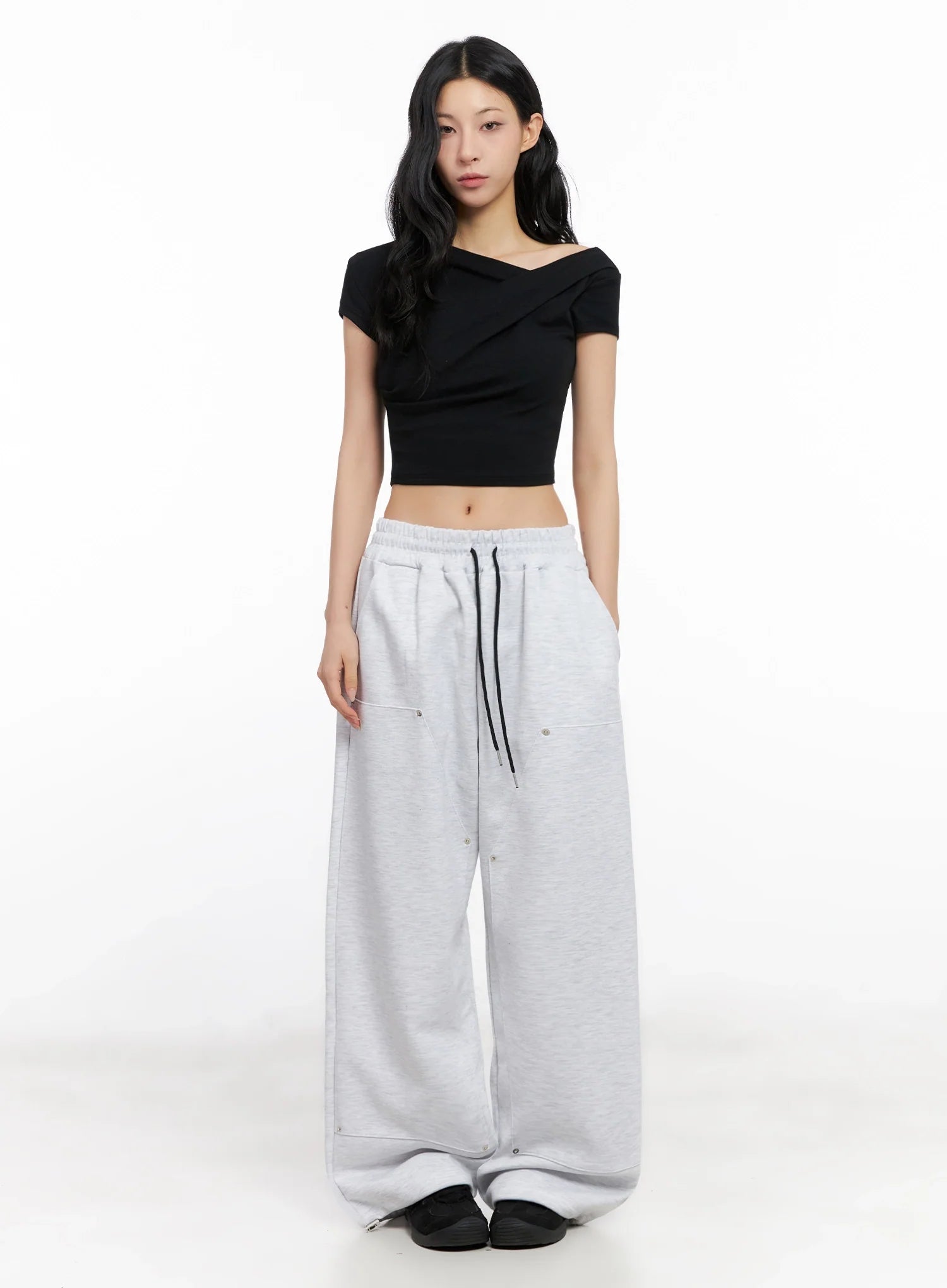Asymmetric Shirred Off-Shoulder Crop Tee IG508