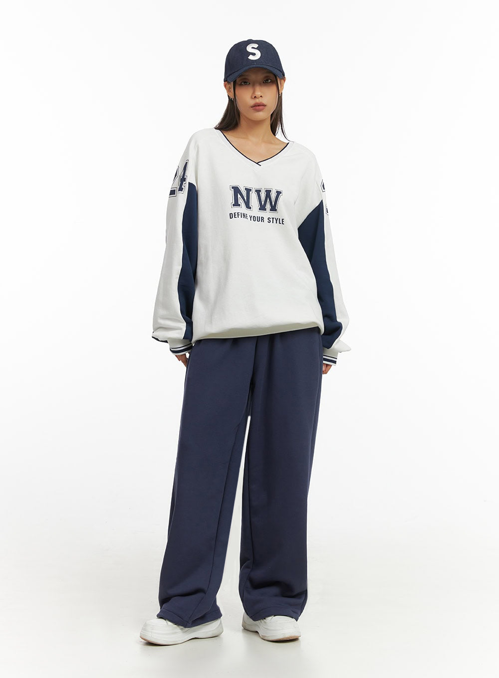 Dark Blue V-Neck Jersey Sweatshirt IO409