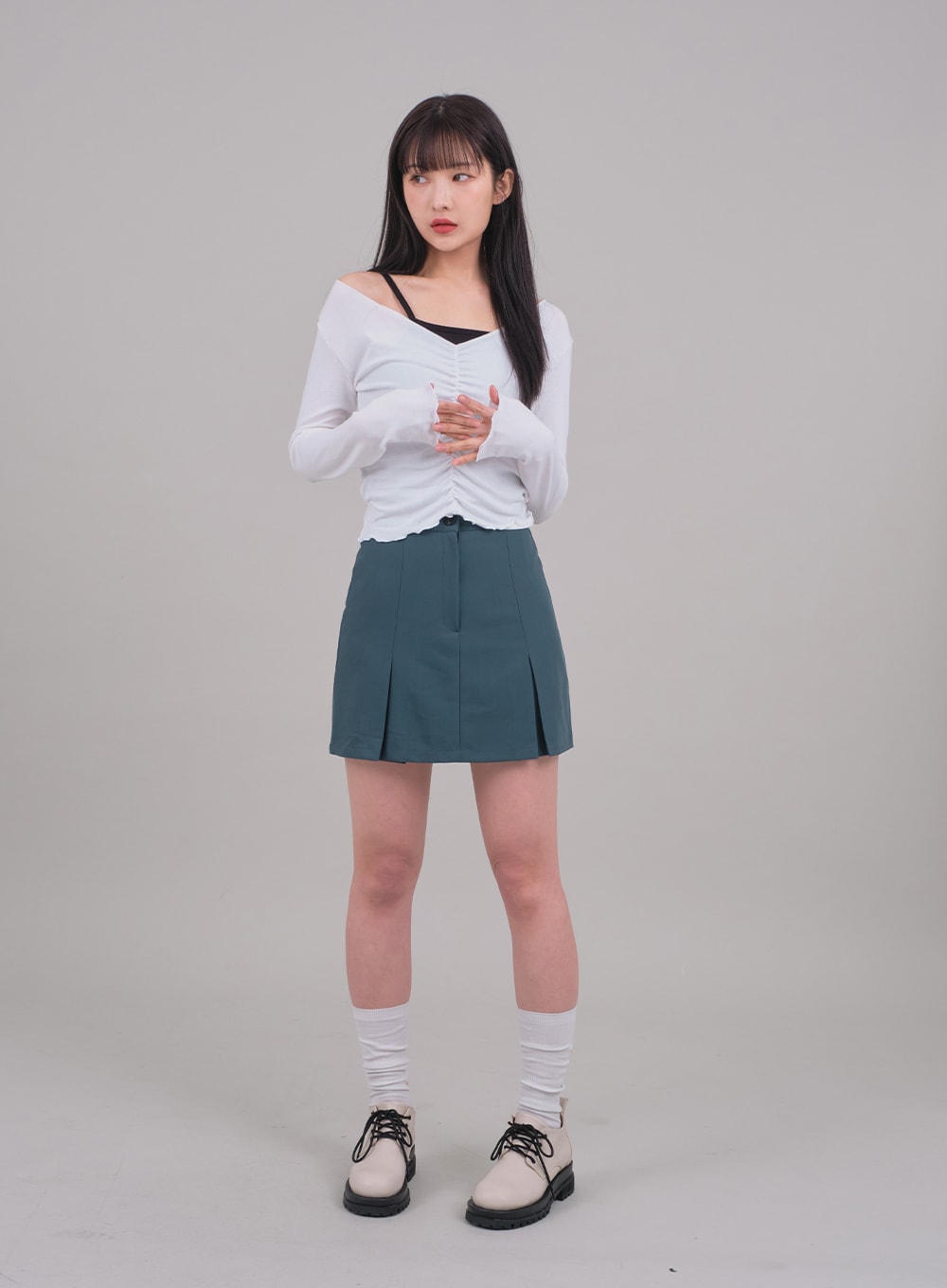 Cropped Long Sleeve Top with Front Shirring C2701