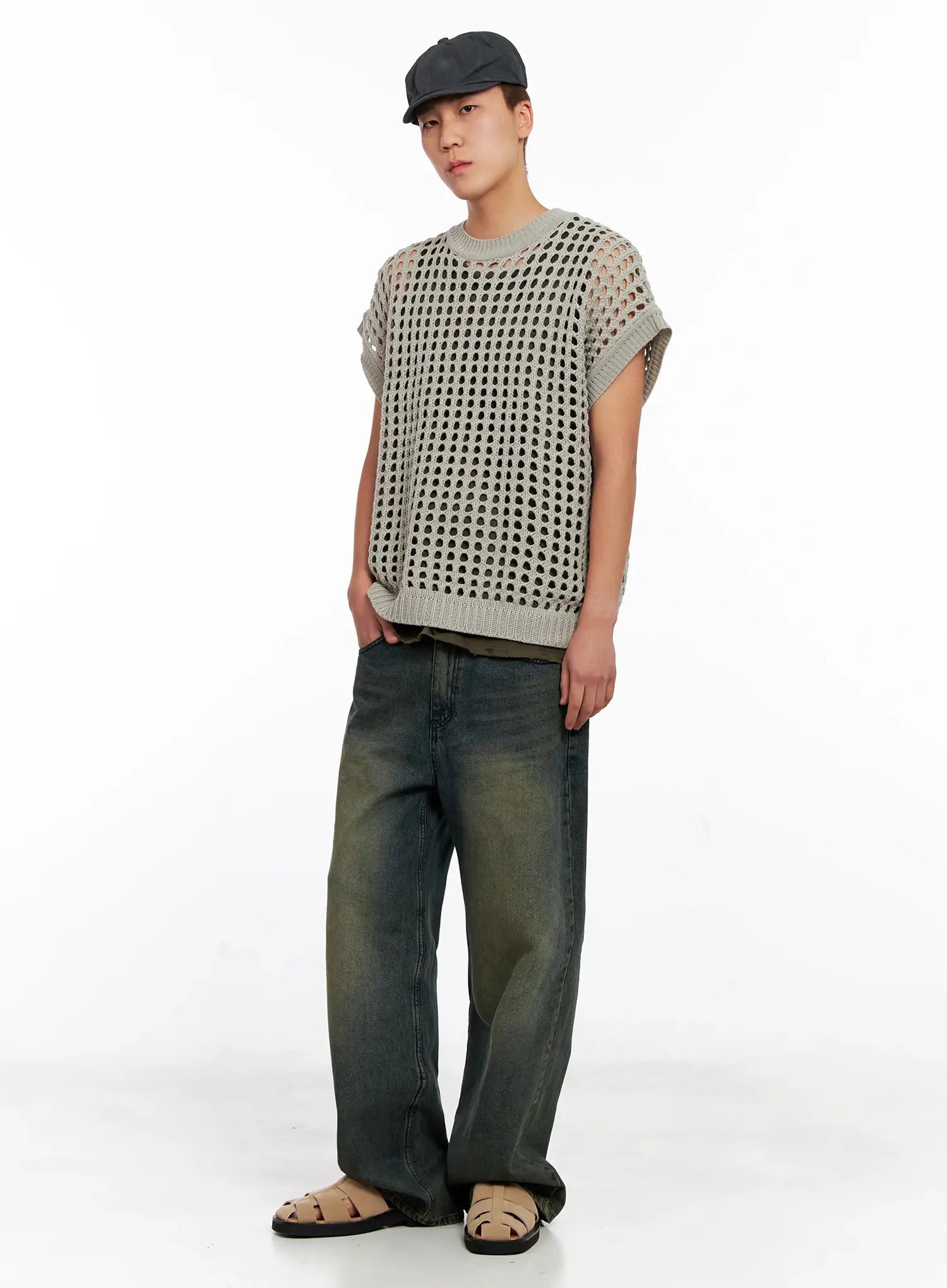 Men's Wide-Leg Washed Denim Jeans IG508