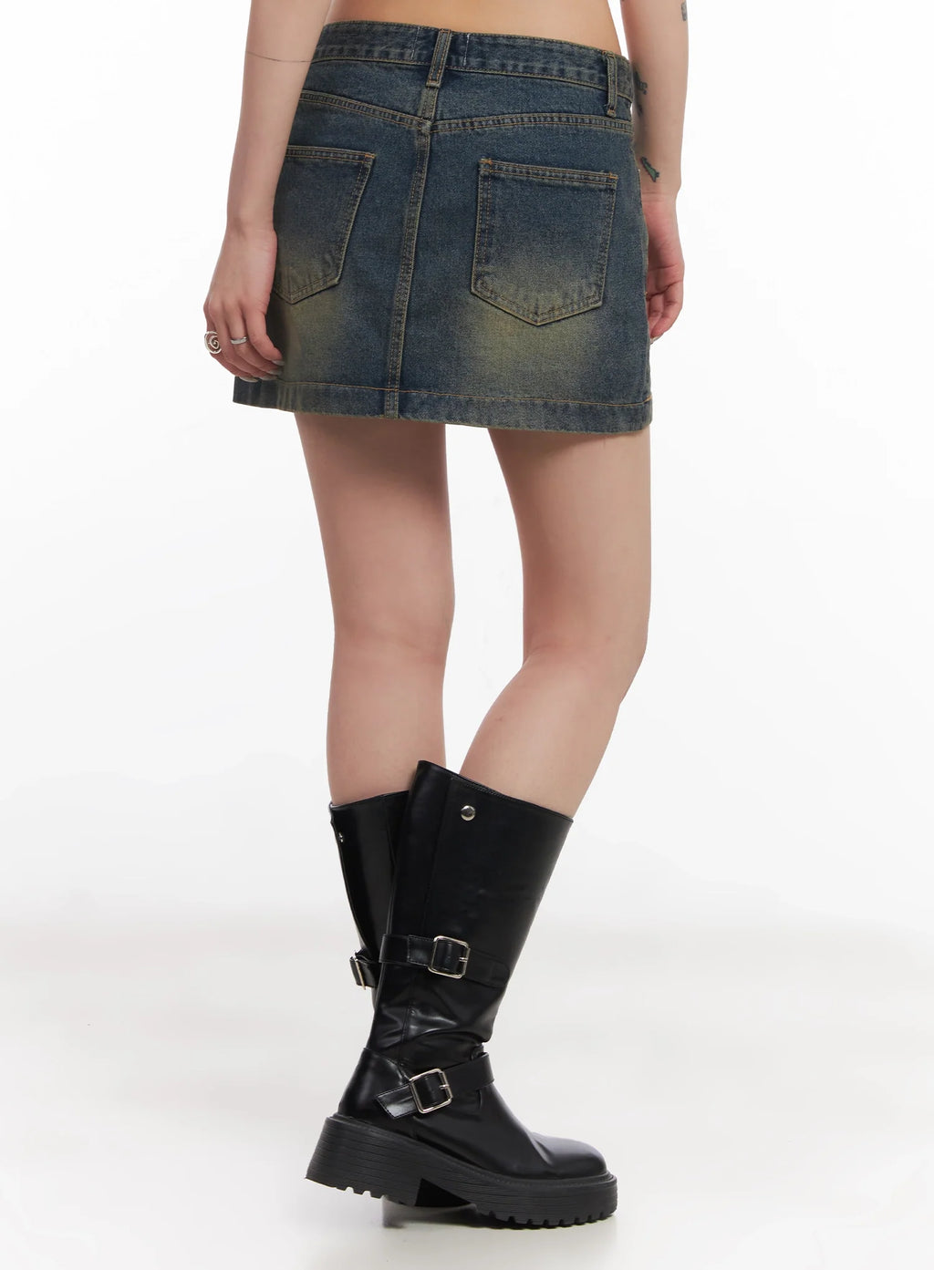 Slanted-Button Low-Rise Denim Skirt IC503