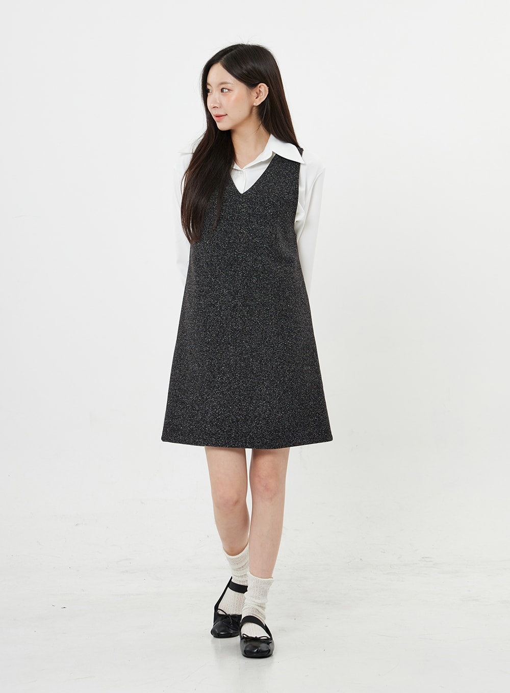 Mixed Color V-Neck Wool Dress BO21
