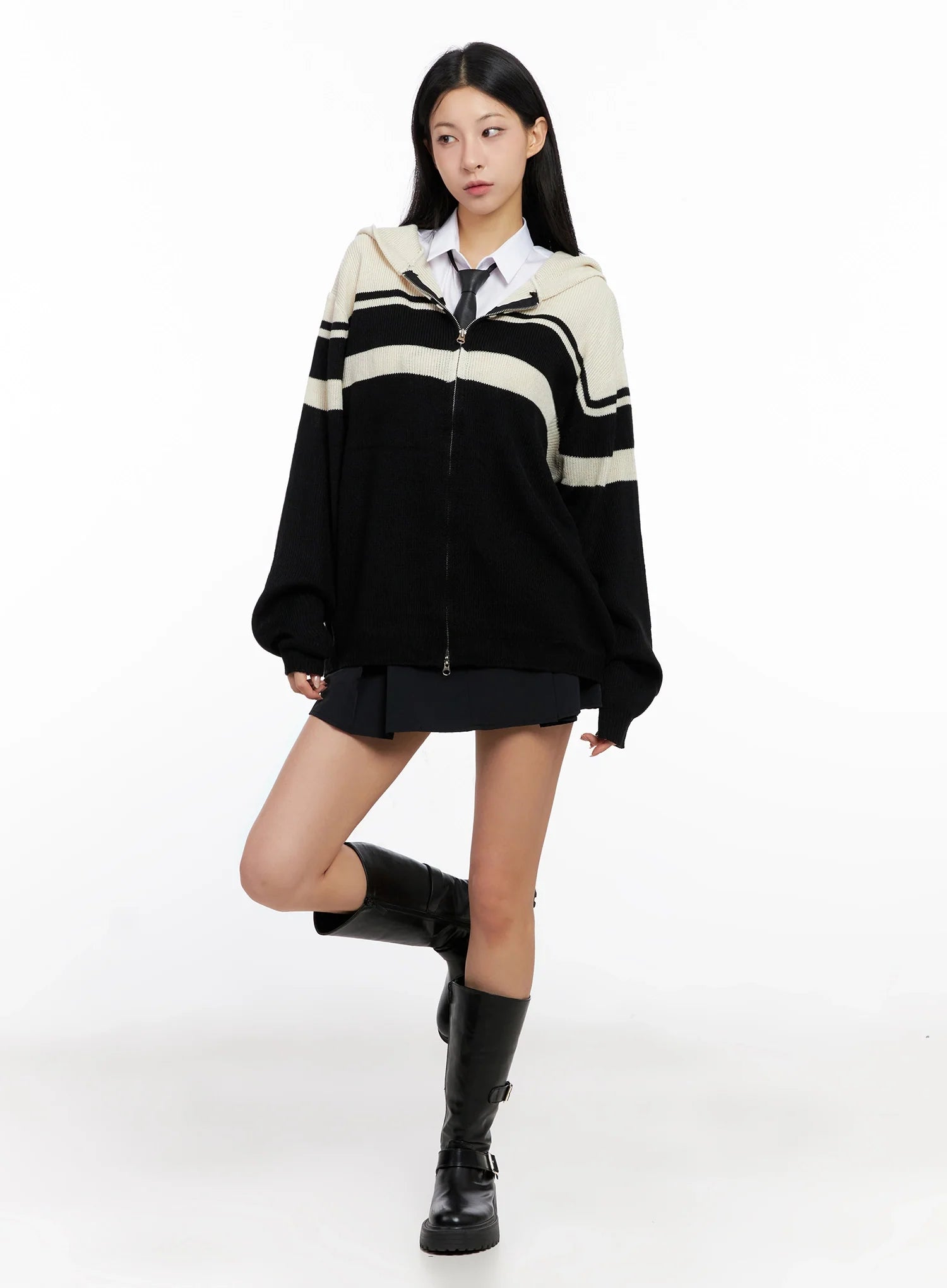 Striped Oversized Zip-Up Knit Hoodie IG508