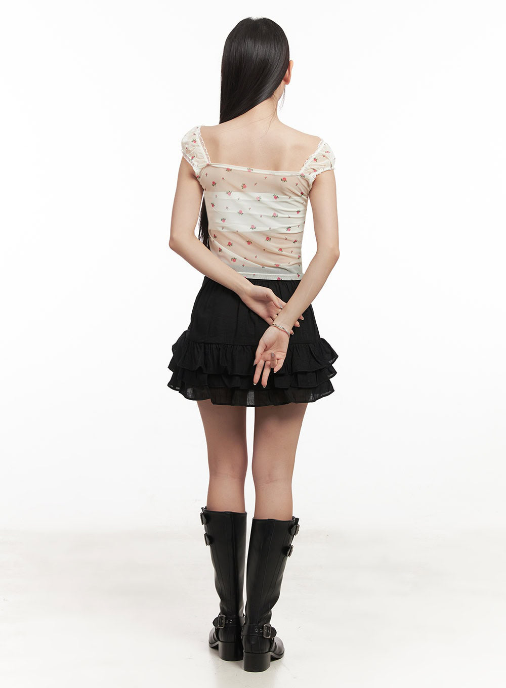 Sheer Floral Lace Shirred Top IM525