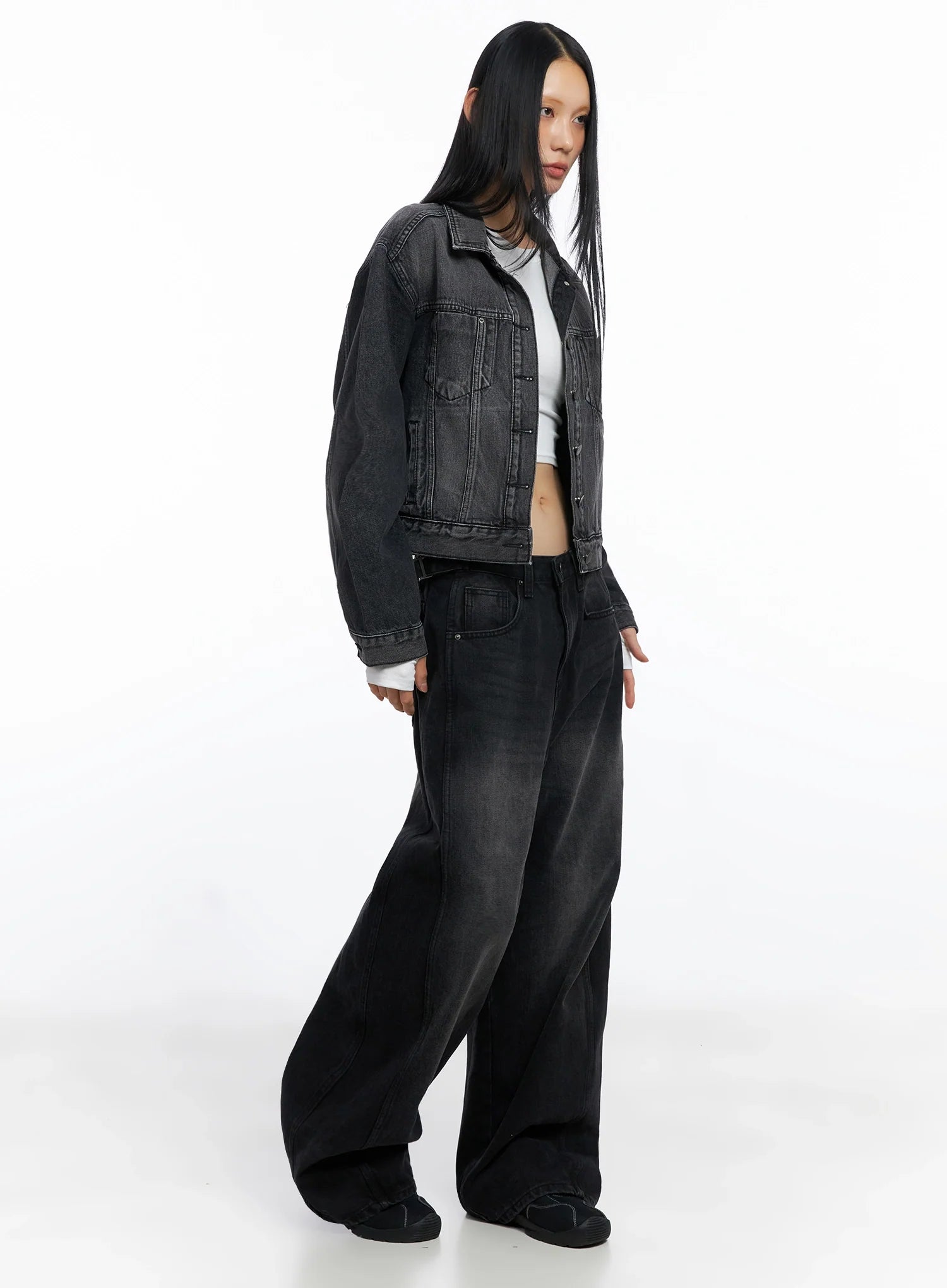 Goffel Side Belt Washed Wide Denim Pants CO517