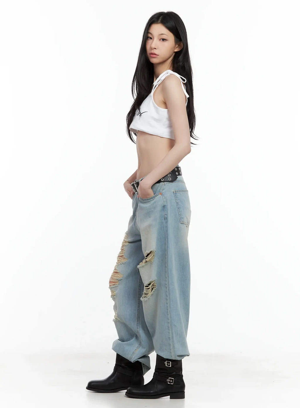 Gyuri Dirty-Wash Distressed Wide Jeans CU530
