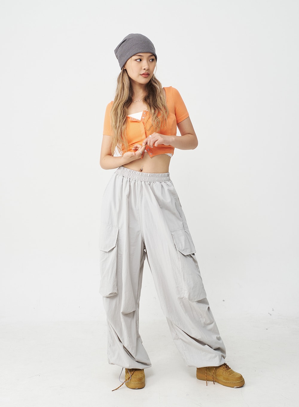 Drawstring Hem Long Wide Cargo Pants CJ21